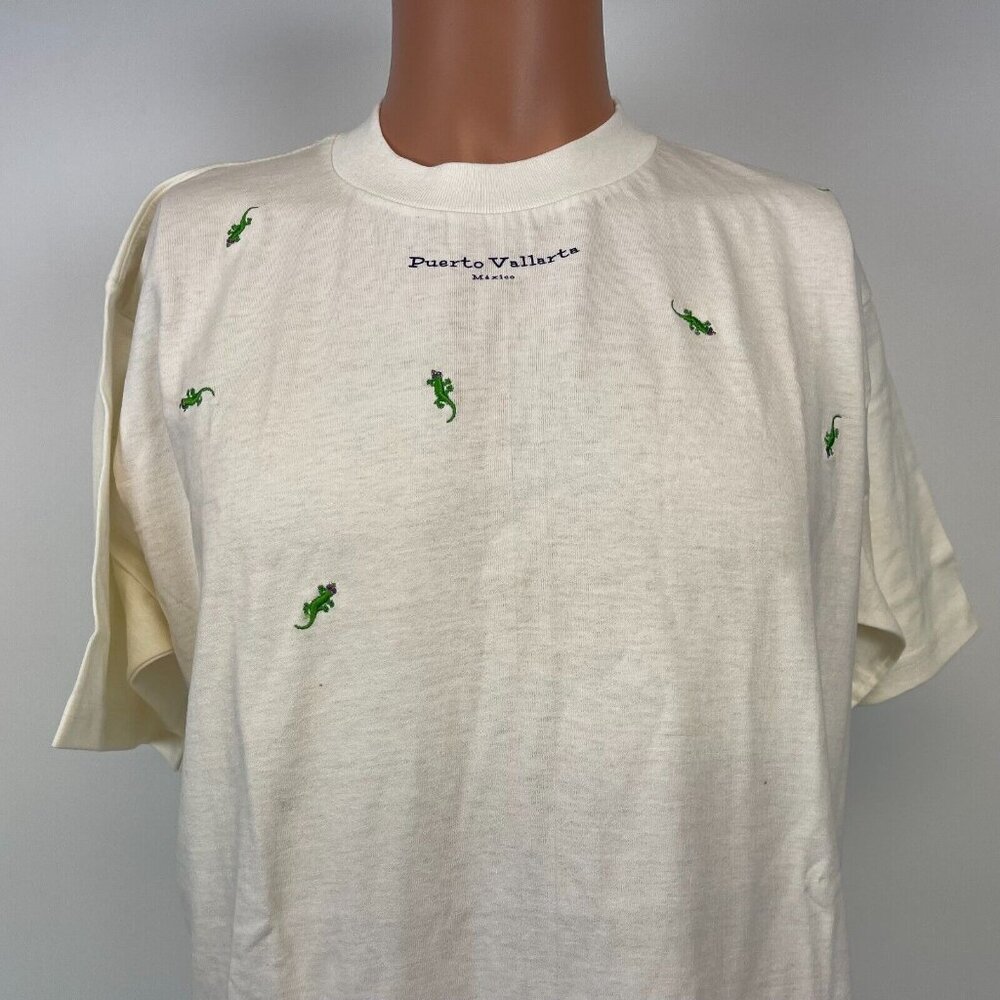 Gecko Embroidered Puerto Vallarta Mexico T Shirt Vtg 90s New Deadstock Size L